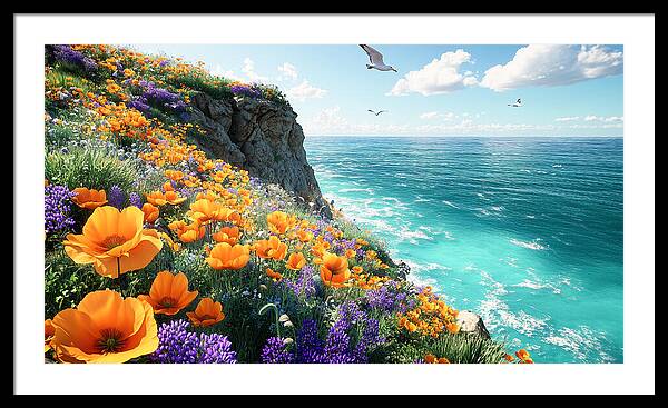 Cliffside Wildflowers Overlooking Ocean - Framed Print