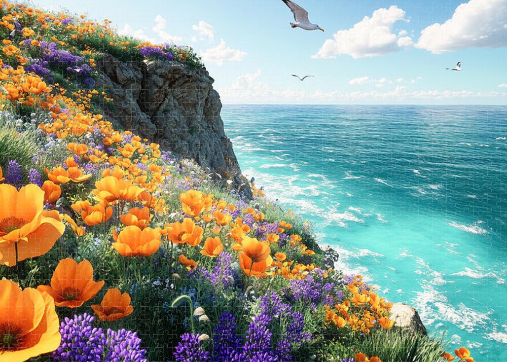 Cliffside Wildflowers Overlooking Ocean - Puzzle