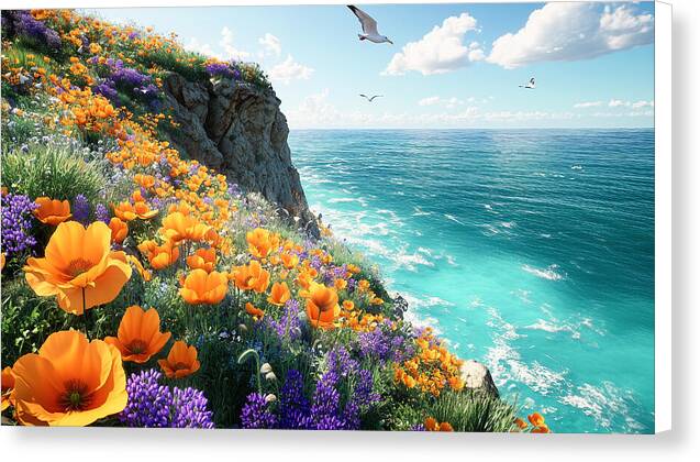 Cliffside Wildflowers Overlooking Ocean - Canvas Print