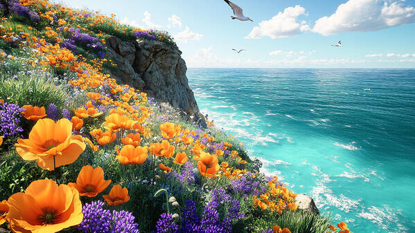 Cliffside Wildflowers Overlooking Ocean - Art Print