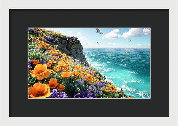 Cliffside Wildflowers Overlooking Ocean - Framed Print