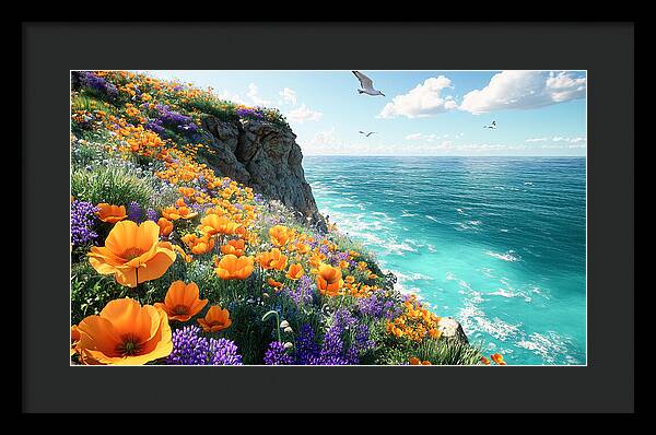 Cliffside Wildflowers Overlooking Ocean - Framed Print