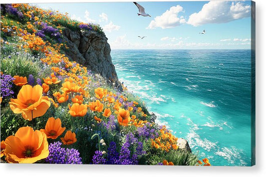 Cliffside Wildflowers Overlooking Ocean - Acrylic Print
