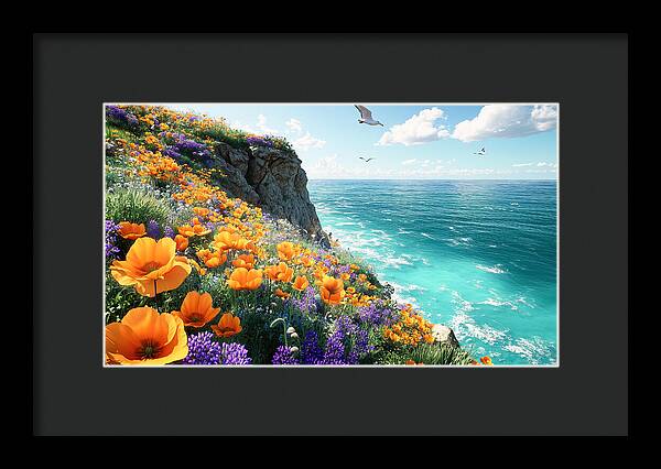 Cliffside Wildflowers Overlooking Ocean - Framed Print