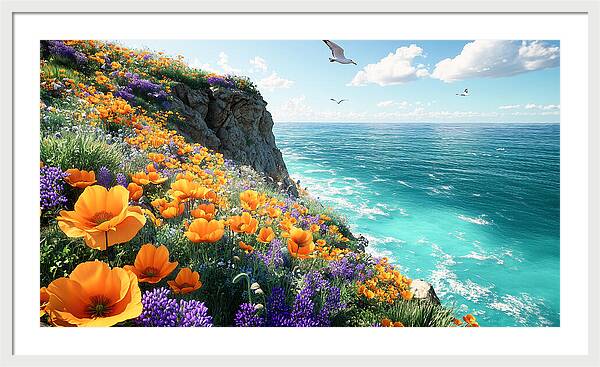 Cliffside Wildflowers Overlooking Ocean - Framed Print