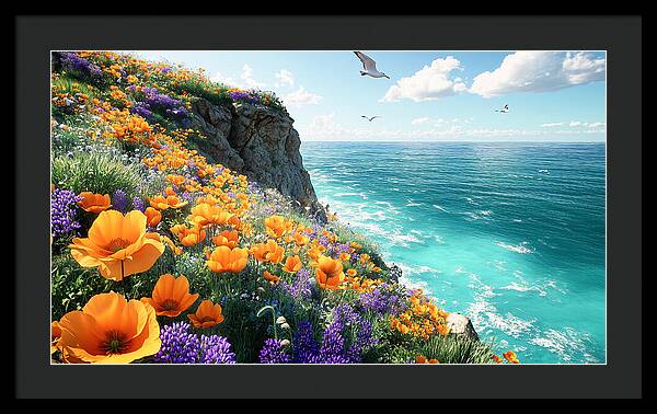 Cliffside Wildflowers Overlooking Ocean - Framed Print