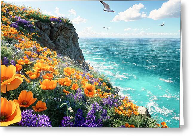 Cliffside Wildflowers Overlooking Ocean - Greeting Card