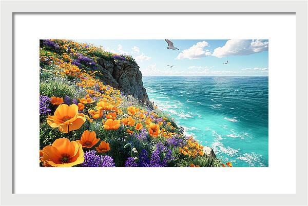 Cliffside Wildflowers Overlooking Ocean - Framed Print