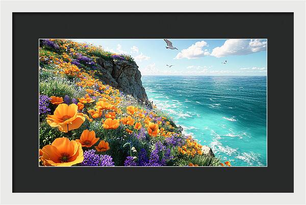 Cliffside Wildflowers Overlooking Ocean - Framed Print