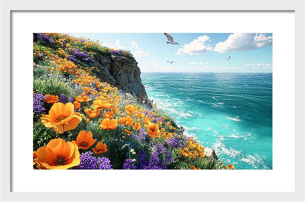 Cliffside Wildflowers Overlooking Ocean - Framed Print