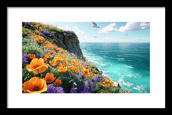 Cliffside Wildflowers Overlooking Ocean - Framed Print