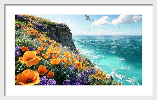 Cliffside Wildflowers Overlooking Ocean - Framed Print