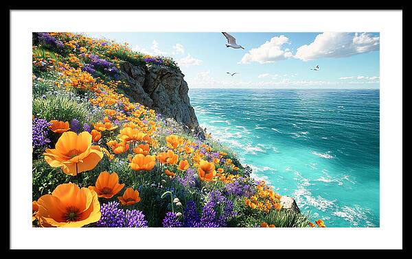 Cliffside Wildflowers Overlooking Ocean - Framed Print