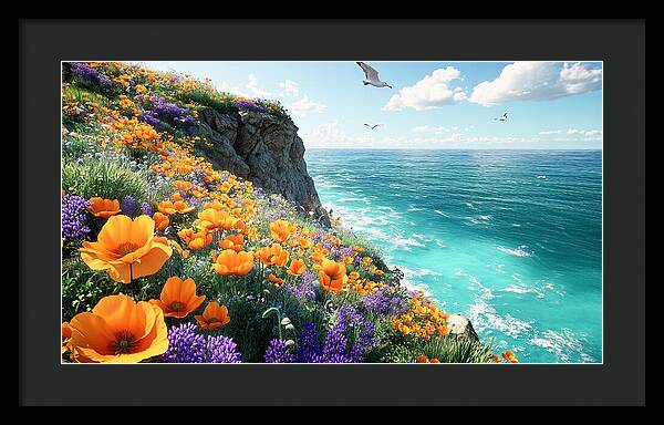 Cliffside Wildflowers Overlooking Ocean - Framed Print
