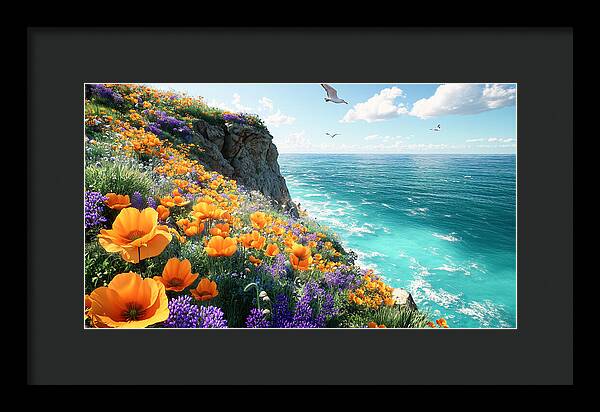 Cliffside Wildflowers Overlooking Ocean - Framed Print