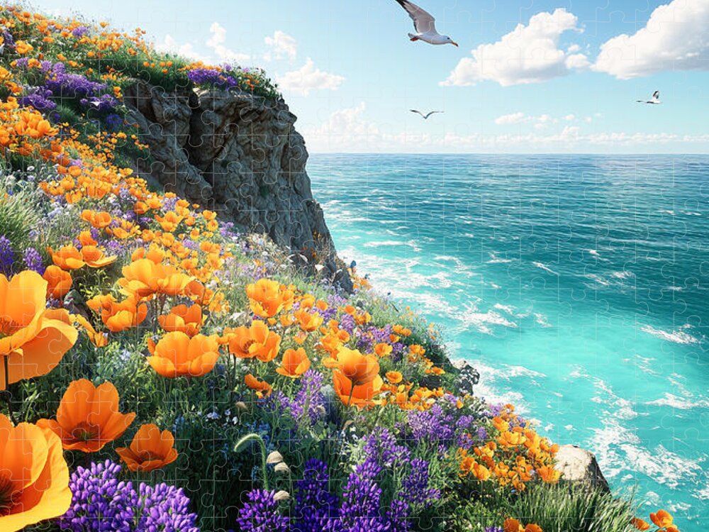 Cliffside Wildflowers Overlooking Ocean - Puzzle
