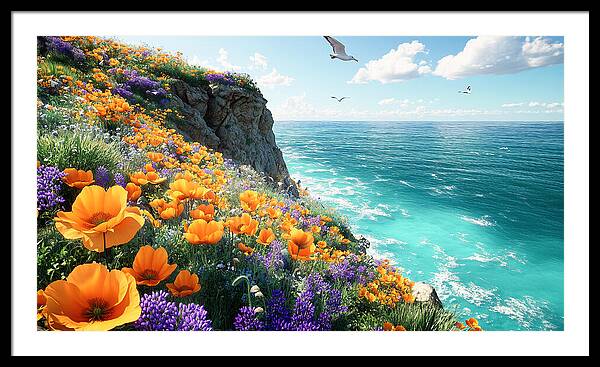 Cliffside Wildflowers Overlooking Ocean - Framed Print