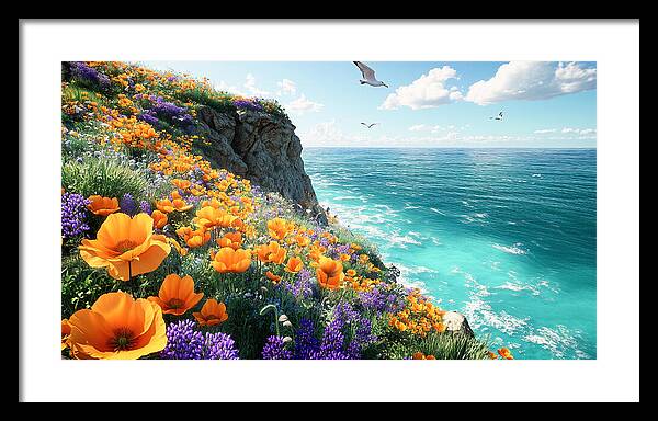 Cliffside Wildflowers Overlooking Ocean - Framed Print