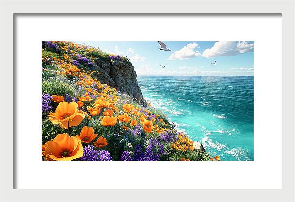 Cliffside Wildflowers Overlooking Ocean - Framed Print