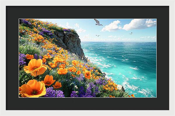 Cliffside Wildflowers Overlooking Ocean - Framed Print