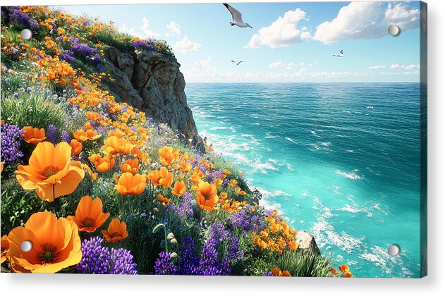 Cliffside Wildflowers Overlooking Ocean - Acrylic Print