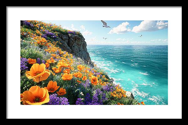 Cliffside Wildflowers Overlooking Ocean - Framed Print