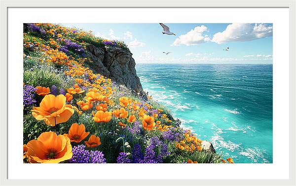 Cliffside Wildflowers Overlooking Ocean - Framed Print