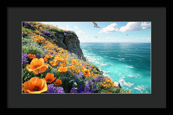 Cliffside Wildflowers Overlooking Ocean - Framed Print
