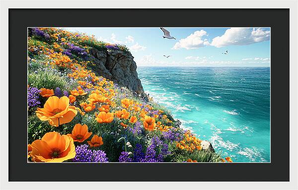 Cliffside Wildflowers Overlooking Ocean - Framed Print