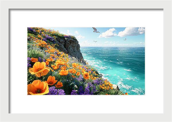 Cliffside Wildflowers Overlooking Ocean - Framed Print