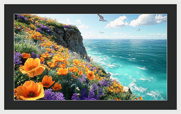 Cliffside Wildflowers Overlooking Ocean - Framed Print