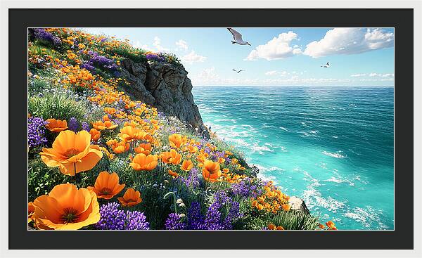 Cliffside Wildflowers Overlooking Ocean - Framed Print
