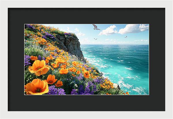 Cliffside Wildflowers Overlooking Ocean - Framed Print