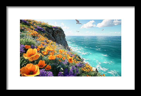 Cliffside Wildflowers Overlooking Ocean - Framed Print