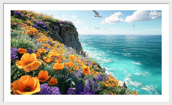 Cliffside Wildflowers Overlooking Ocean - Framed Print