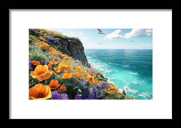 Cliffside Wildflowers Overlooking Ocean - Framed Print