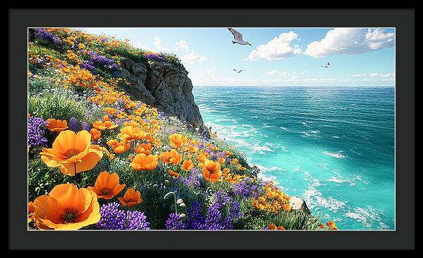 Cliffside Wildflowers Overlooking Ocean - Framed Print
