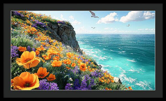 Cliffside Wildflowers Overlooking Ocean - Framed Print